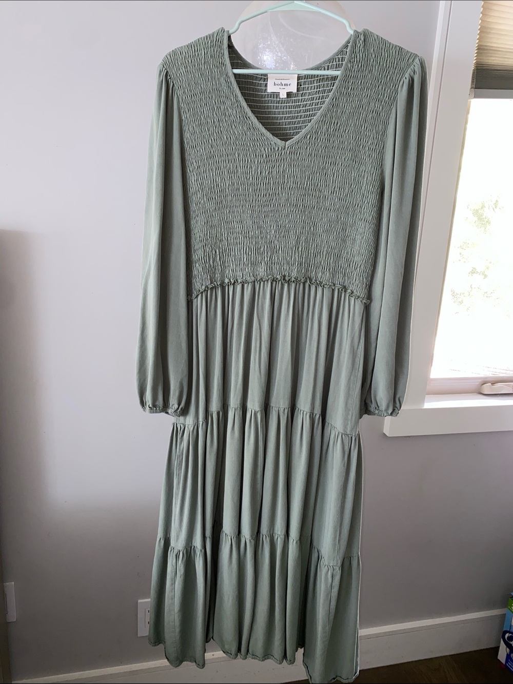 bohme Sage Green Smocked Tiered Midi Dress